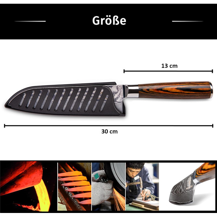 Ніж кухарський Santoku XL (30 см) Wolfblood з дамаської сталі 67 шарів. Професійний кухарський ніж з дерев'яною ручкою, подарункова коробка та захист леза