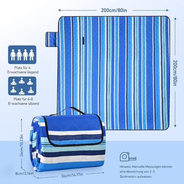 Водонепроникний плед для пікніка Boho 200x200см, XXL. Плед для пікніка, пляжу, кемпінгу, з бавовни, пісконепроникний, пральний, туристичний. Синій у смужку