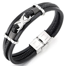 Браслет шкіряний Coolsteel&Beyond Infinity, плетінка з нержавіючої сталі, срібний/чорний