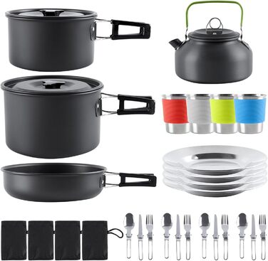 Набір кухонного посуду для кемпінгу на 4 особи з алюмінію: каструлі, сковорідки, посуд для відпочинку на природі