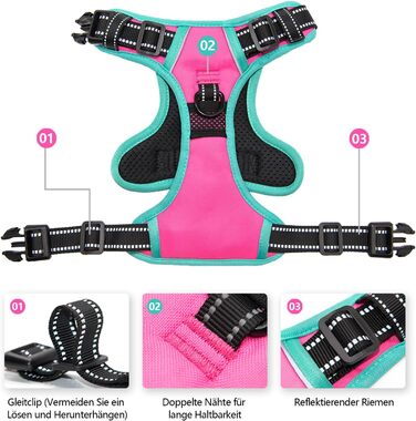 Шлейка для собак PHOEPET Anti-Zug з відбиваючими елементами, регульована, для цуценят та собак різних розмірів (блакитна основа та рожеві ремінці) - розмір S, рожева