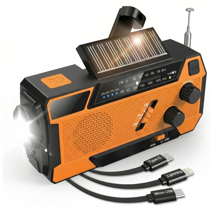 Радіо на батарейках/сонячній енергії з ручним генератором, Power Bank 2000mAh, AM/FM, SOS-сигнал, ліхтарик для кемпінгу та дому
