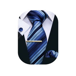 Шовкова краватка Barry.Wang для ділового стилю з хустинкою та краватковою застібкою, набір у клітинку, святкова, синього кольору