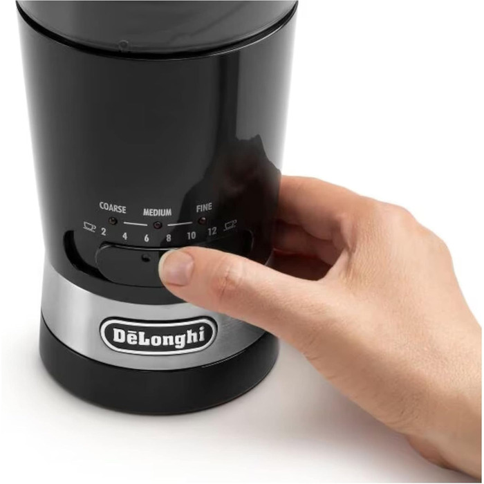 Кавомолка De'Longhi KG210 – електрична для цілих кавових зерен, спецій та горіхів, з нержавіючої сталі, 170 Вт, пластик, чорний колір