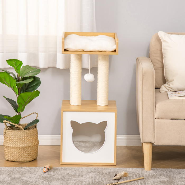 PawHut Cat Cave with Cat House & 2 Cushions, 2 Levels including Cat House, Toy with Ball, Cat Apartment, Sisal, Natural, 35 x 35 x 81 cm | Aosom