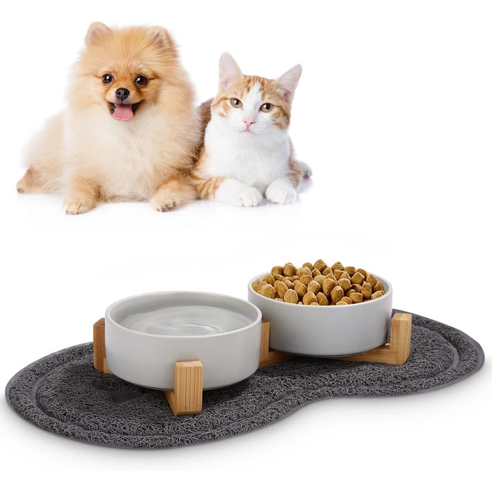 Миска для корму для собак і котів з кераміки з бамбуковим підставкою та антиковзним килимком (400 мл, 2 шт., зелений/сірий)