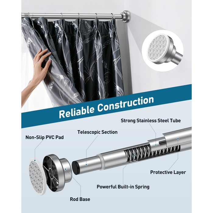 Штанга для душу Uniclife без свердління, 82–204 см, регульована, нержавіюча сталь, для ванної, вікна, шафи, срібна