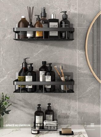 Полка для душу без свердління, алюмінієва полиця для душу, самоклеюча, чорна (2 шт.)