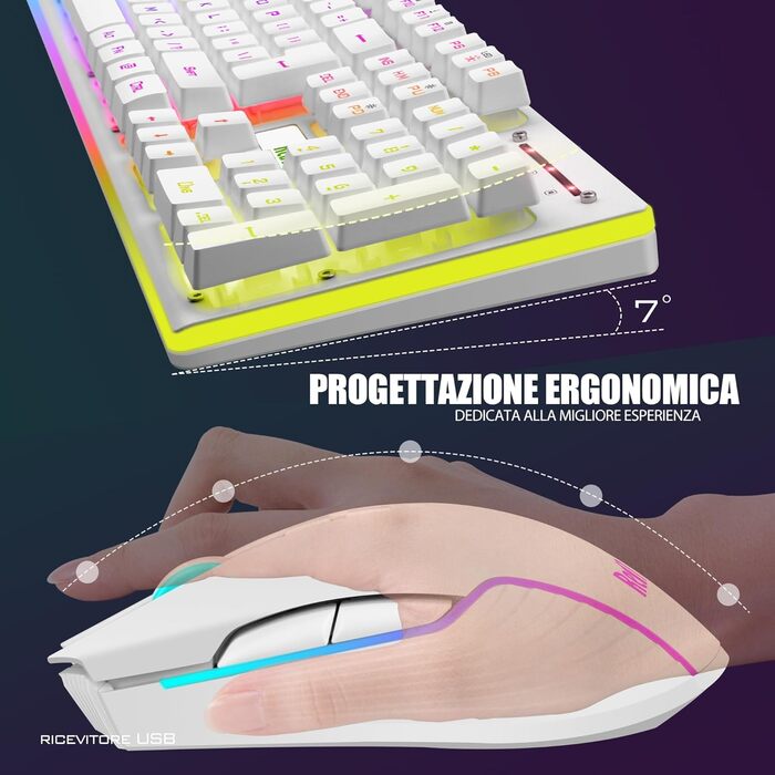 RedThunder K10 Бездротова ігрова клавіатура та миша, LED-підсвічування, акумулятор 3800 mAh, механічний відгук, Anti-Ghosting, миша 7D 3200 DPI, QWERTY-розкладка, для ПК-геймерів (Білий бездротовий)