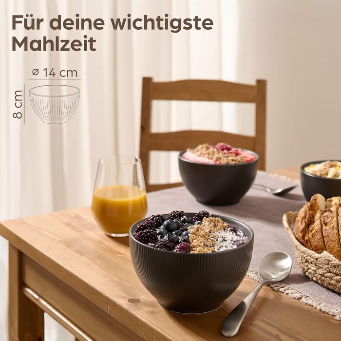 Набір мисок для мюслі Praknu (6 шт.) 700 мл - кераміка, чорний матовий - для супу, салату, мюслі. Можна використовувати в мікрохвильовій печі та мити в посудомийній машині.