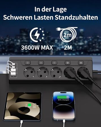 Мережевий фільтр 5-фазний з USB та LED, чорний - для дому, кухні, офісу