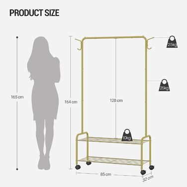 Clothes rack with 2-tier shelf, 3-in-1 design, clothes rack with 4 wheels, coat rack with 4 hooks for bags, Gold GR07499A