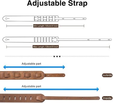 Шкіряний ремінь для гітари Lekato з товстою амортизуючою подушкою, універсальний для бас, електро-, акустичної та класичної гітари, регульований, довжина 41-51 см (колір коричневий)