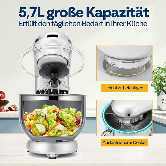 Кухонний міксер VIVOHOME 660 Вт, 10 швидкостей, 6 літрів, електричний, з набором насадок (міксер, віночок, гак для тіста, сепаратор)