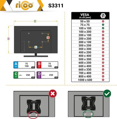 Настінний кронштейн для телевізора RICOO S0644 поворотний та нахильний, для Smart TV та вигнутих екранів 32-55 дюймів, до 35 кг, VESA 400x400 мм