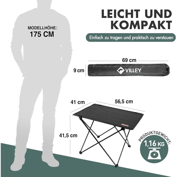 Стіл для кемпінгу VILLEY складний, з алюмінію та Оксфордської тканини, 25 кг, з сумкою, для відпочинку на природі, кухні та риболовлі, чорний