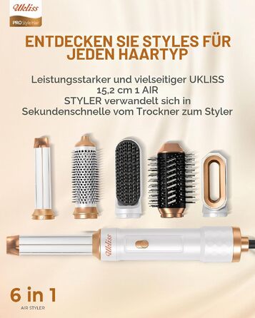 Мультистайлер для волосся UKLISS 6 в 1 з LCD-дисплеєм: фен, кругла щітка, випрямляч, дифузор та насадки для укладки та завивки (Білий)