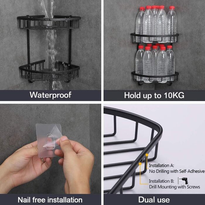 Поличка для душу GRICOL Eck-Duschregal без свердління, металева, кутова, 2 рівні, з гачками, для ванної кімнати, чорна