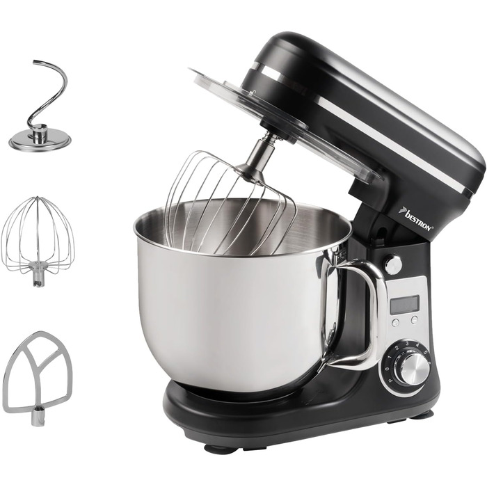 Кухонна машина Bestron Super Silent (65db) з DC-двигуном, 6 літрів, з набором насадок (крюк, вінчик, гак для тіста), 6 швидкостей + Pulse, матова чорна