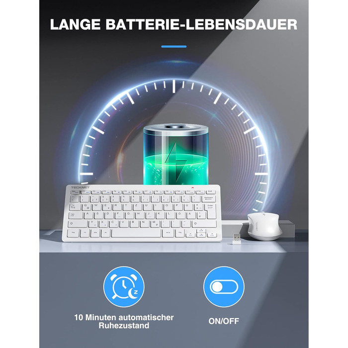 TECKNET Бездротовий комплект клавіатури та миші, QWERTZ, 2.4 GHz, 15м, тиха клавіатура та миша для ПК, ноутбука, Smart TV, білий