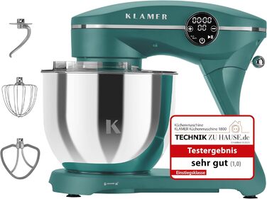 KLAMER 1800W Stand Mixer - Stainless Steel Bowl 6L, 10 Speed with Timer, Planet Mixing Action, Dough Hook, Whisk & Beater - Turquoise