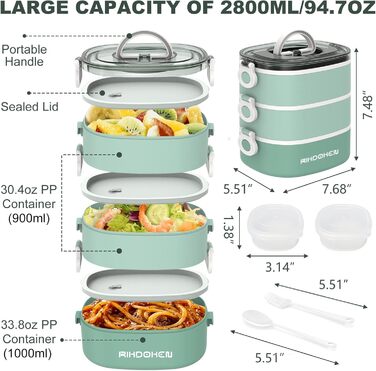 RIKDOKEN Ланчбокс 3-ярусний, 2.7л, з ложкою та виделкою, для дітей та дорослих, зелений