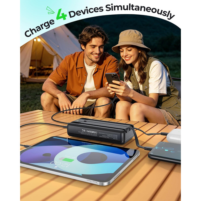 Power Bank Enerwow 27000mAh з USB-C кабелем, 4 порти, LED-дисплей - Зовнішній акумулятор для iPhone та інших пристроїв (Чорний, P300C)