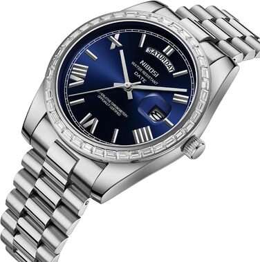 Годинник NIBOSI для чоловіків: аналоговий кварцовий годинник з діамантовою лускою, сталевий циферблат рожевого золота, водостійкий бізнес-класичний годинник з датою та днем тижня, срібно-блакитний колір