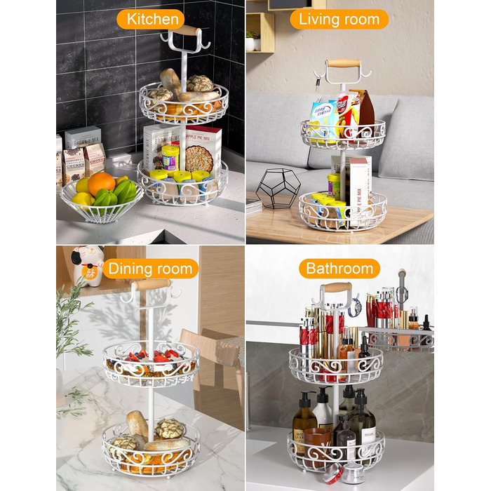 Двоярусний фрутовий кошик Couwilson з підвісною конструкцією для бананів, дерев'яною ручкою та відсіком для овочів. Підходить для зберігання фруктів, овочів, хліба, цибулі та картоплі.