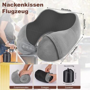 Подушка для шиї в літак та авто з ефектом пам'яті (Memory Foam), набір для подорожей: маска для сну, беруші та сумка, сіра