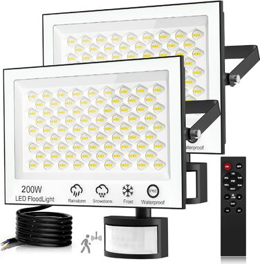 Viugreum LED Floodlight with Motion Sensor 20000lm Outdoor IP66 Waterproof Spotlight 6500K Cool White Outdoor Light Floodlight for Garden (200w, 2PCS)