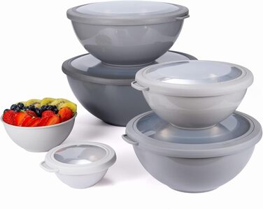 Набір пластикових мисок для змішування COOK WITH COLOR з TPR-кришками, 12 предметів (6 мисок та 6 кришок), підходять для мікрохвильової печі, сірі