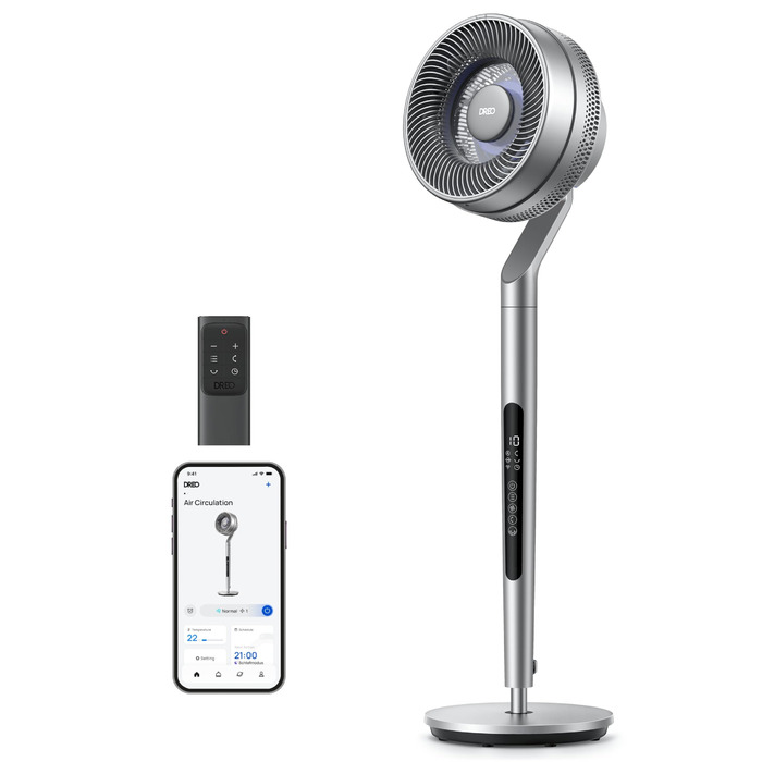 Вентилятор Dreo з інтелектуальним керуванням, висота 101,6–111,8 см, тихий DC вентилятор для спальні, кут огляду 120°+85°, повітряний потік 30,5 м, срібний