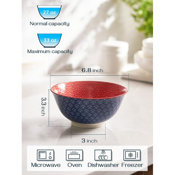 Набір тарілок для мюслі DOWAN (6 шт.), 680 мл, діаметр 15,2 см, кольорові, великі, набір тарілок для вечері, Різдва, супу, салату, кукурудзяних пластівців, з квітковим візерунком