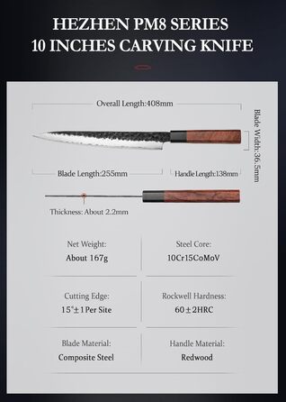 HEZHEN 8-Inch 3-Layer Damascus Steel Chef's Knife - Professional Japanese Kitchen Knife with Octagonal Redwood Handle & Wooden Sheath