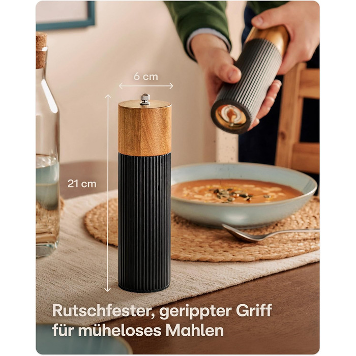 Набір для солі та перцю Praknu з акації FSC® з керамічним жорном – безступеневе регулювання та довговічність – для перцю та солі – дерев'яна млинка для спецій – набір млинок для солі та перцю – чорний – великий