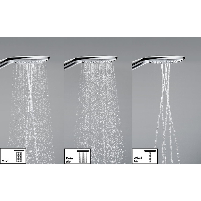 hansgrohe Raindance Select E - Showerhead, Hand Shower with square shower panel (150 x 150 mm), showerhead with anti-limescale function, 26550000 (3 spray patterns with water-saving function, white/chrome)