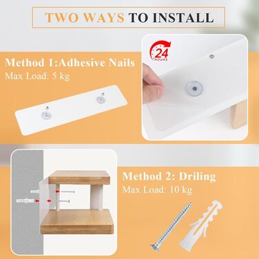 Тримач для туалетного паперу EFUTURETIME з полицею, самоклеящийся бамбуковий тримач для рушників та паперу у ванну кімнату (Білий, 31.5×12.5×8.5 см)