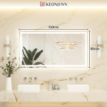 Дзеркало для ванної кімнати Keonjinn з підсвічуванням, чорний металевий каркас 60x80 см, антизапар, LED, сенсорне керування, 3 кольори світла, регулювання яскравості, функція пам'яті, настінне дзеркало (без рами, 80x150 см)