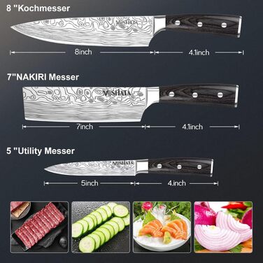 Набір кухонних ножів MOSFiATA 5 предметів: Ніж шеф-кухаря, ніж Накірі, ніж для овочів, ніж для хліба, точилка для ножів та подарункова коробка (Нержавіюча сталь)