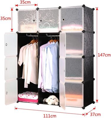 HENGMEI DIY Closet Wardrobe Storage Shelf System Shelf System 12-Cube Organization System Shoe Cabinet Closet with Door (Black)
