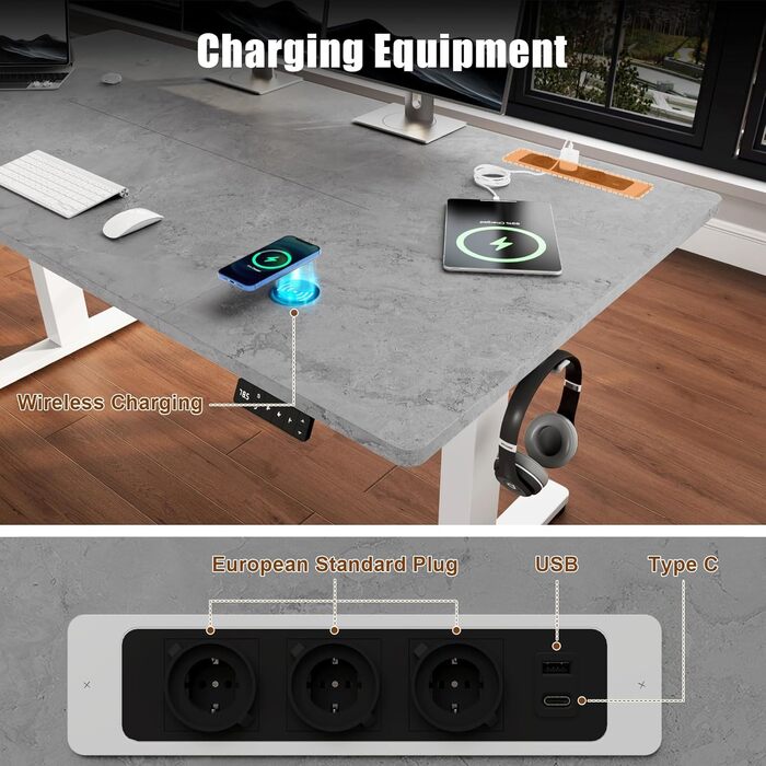Devoko Adjustable Standing Desk, Electric Standing Desk with Wireless Charger, Memory Control, 3 USB Ports, 360° Swivel Wheels (Gray & White, 140 x 70 cm)
