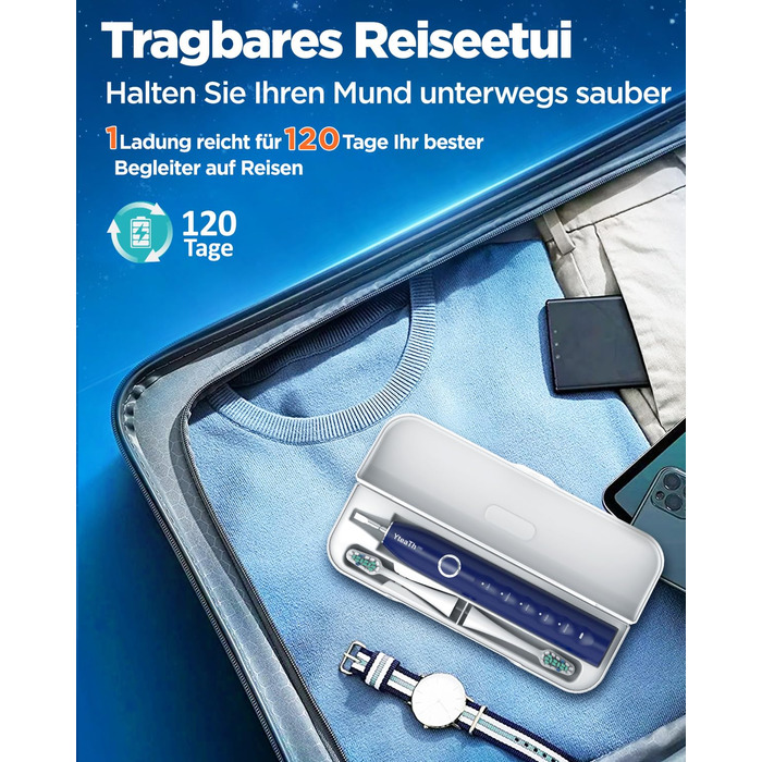 Електрична зубна щітка зі звуковими вібраціями, 8 насадок, 5 режимів, таймер, 120 днів роботи від акумулятора, для дорослих, синього кольору