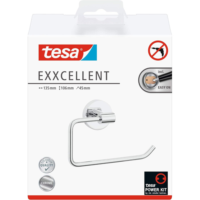 Тримач для туалетного паперу tesa EXXCELLENT без кришки, хромований, для настінного монтажу на клейовій основі (без свердління), 135x106x45 мм