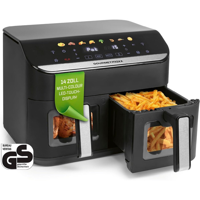 Фритюрниця повітряна Gourmetmaxx AirGenius 9 л з 2 відсіками | 8 програм | Мульти-кухня для 8 осіб | Сенсорний дисплей