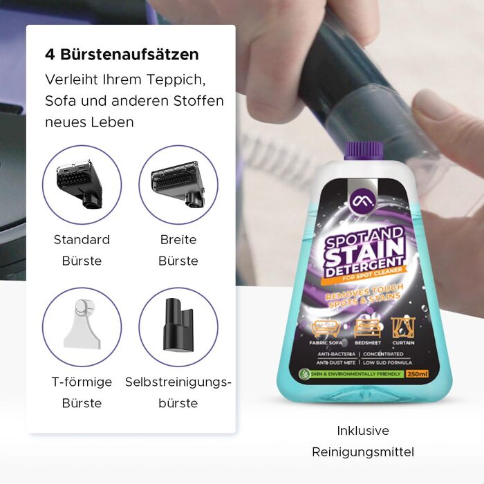 Теперішній мийний пилосос Motionflow з нагрівом - 1200W для килимів, меблів, авто. 4 насадки, самоочищення, 15с нагрів. Чорний