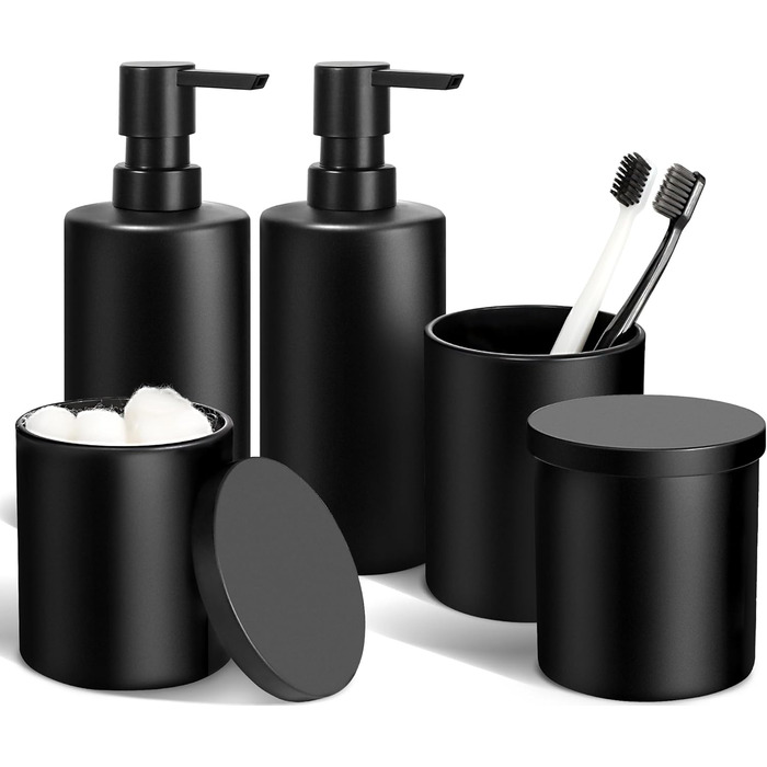 Набір аксесуарів для ванної кімнати, 5 предметів, матовий чорний: мильниця, стакан для зубних щіток, тримач для ватних паличок та бавовни, сучасний декор