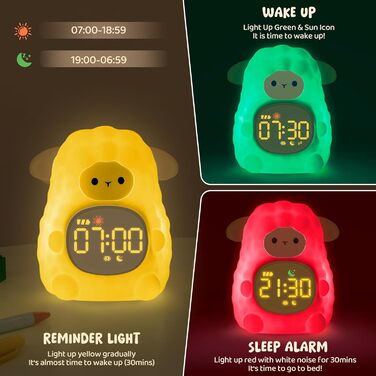 Alarm clock with night light for children, featuring sleep training and sound machine functions, rechargeable silicone wake-up lamp, cute animal table lamp, perfect sleep companion for boys and girls.