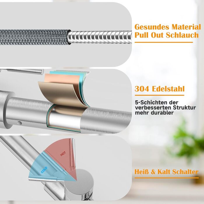 Змішувач кухонний висувний з душем, 360° поворотний, 2 режими розпилення, високий тиск, нержавіюча сталь (срібло)