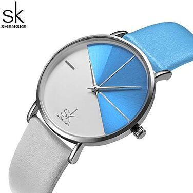 Жіночий наручний годинник SHENGKE K0095 зі шкіряним ремінцем, синій з білим